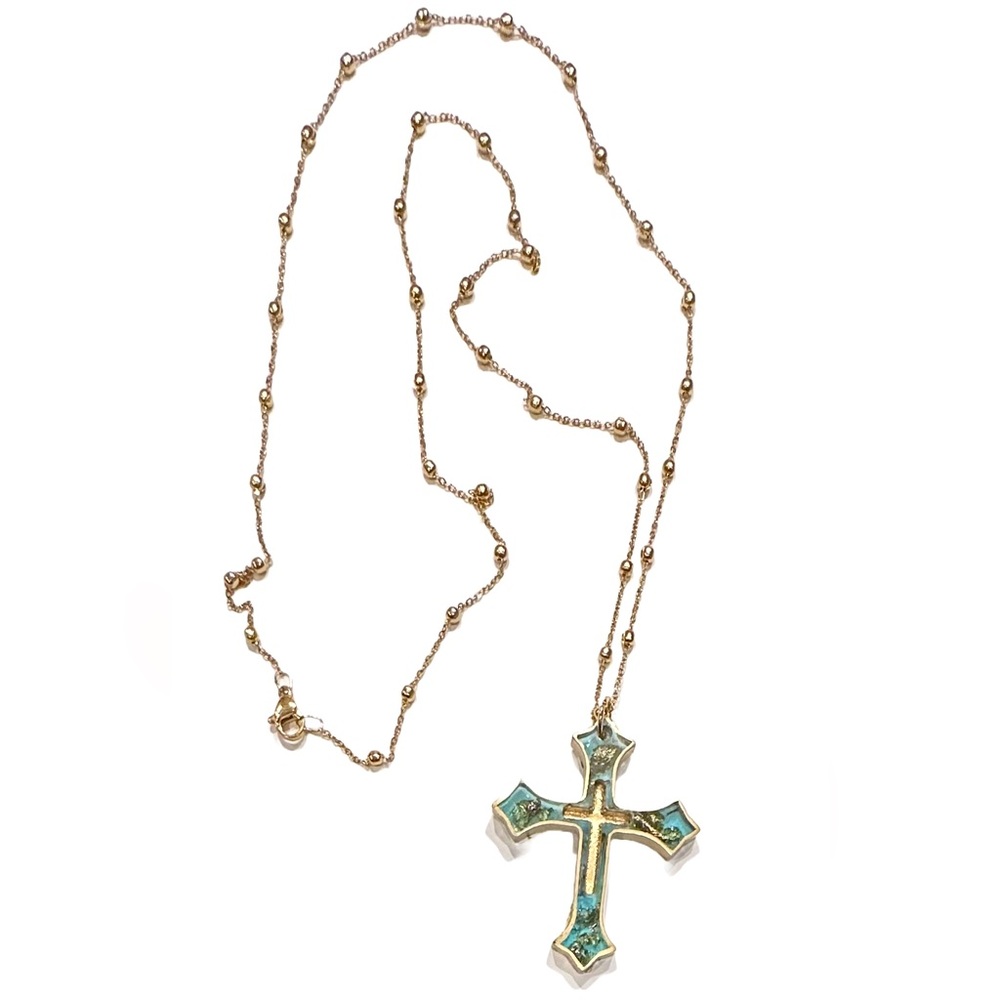 Necklace Cross Aqua Resin Jelly Gold Leaf Crucifix Pendant Jewelry